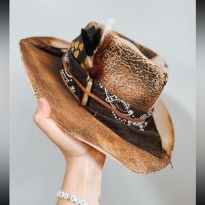Brown Western Style Hat with Feather and Bandana Accent for Rebecca